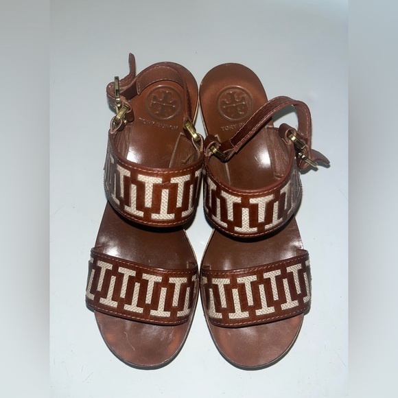 Tory burch regan burlap T logo platform wedge Leather sandals US 7M Brown​​​​​ - Picture 2 of 6